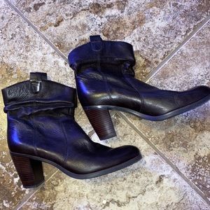 dark brown leather booties with brown wood heel